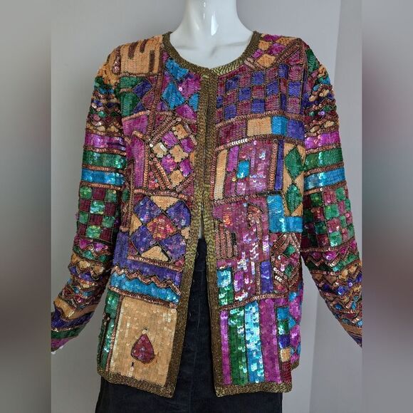 Vintage 100% Silk Sequin Jacket – Art Deco Patchwork – XL Statement Glam - Picture 5 of 13
